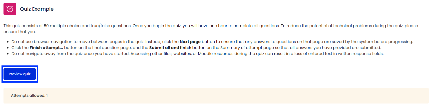 Moodle - Quiz - Preview Quiz